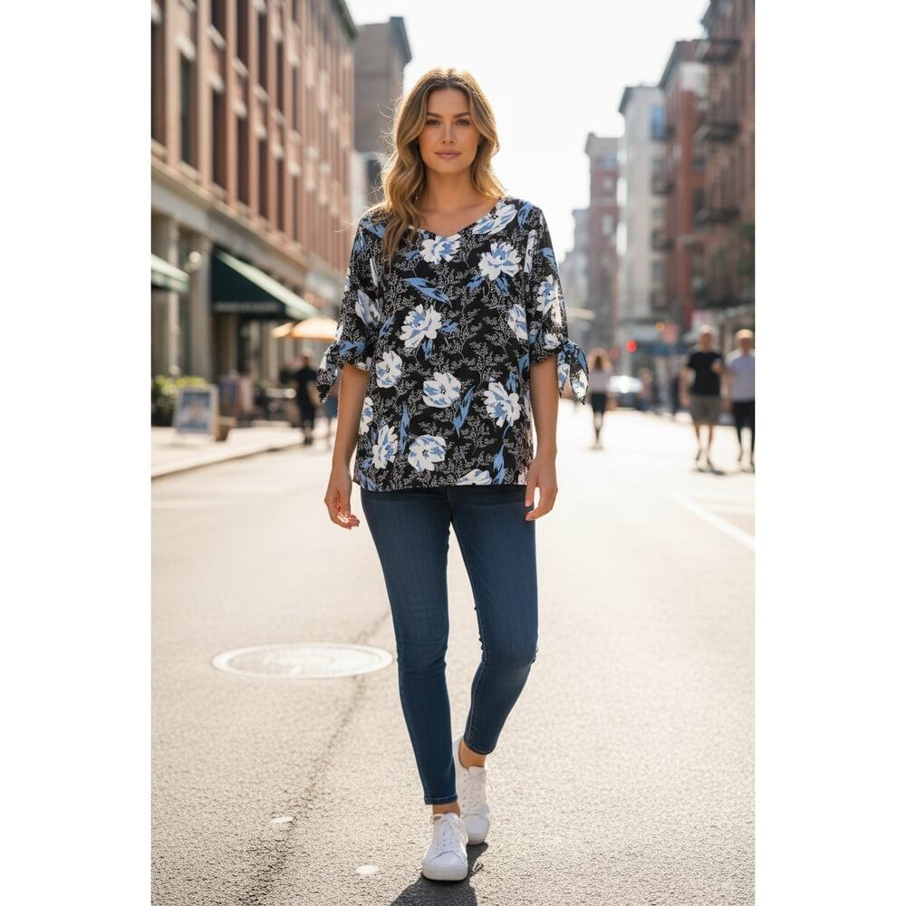 Jouica Black Blue Floral Blouse Size S NWT | Tie Sleeve Dressy Top - Picture 3 of 14